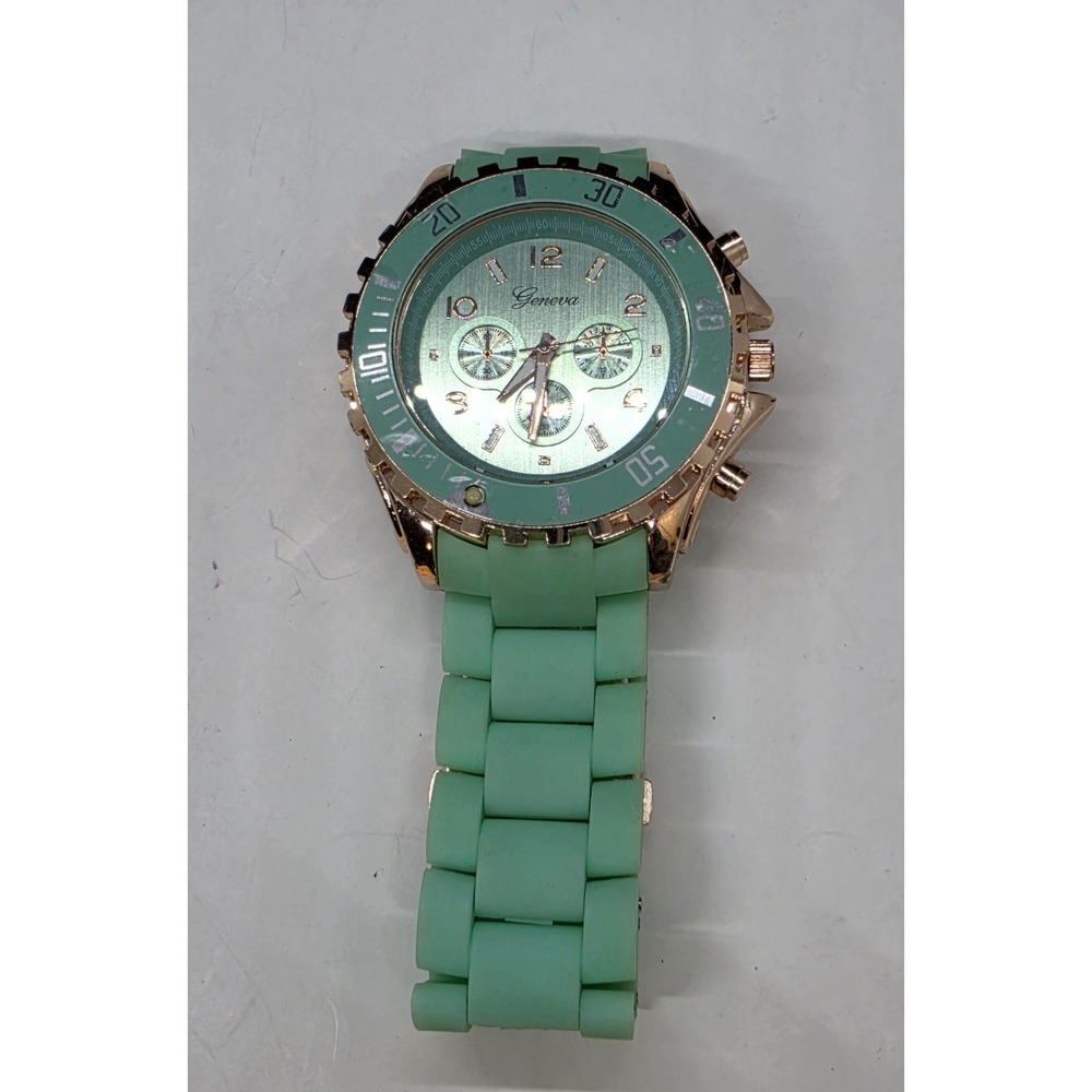Geneva Chrono Dial Wristwatch Silicone Sports Mint Green Works Water Resistant